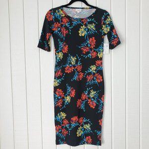 LuLaRoe Floral Julia Dress XXS NEW Black Turquoise Yellow Bodycon Fitted NWT
